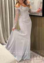 Lace Long Sleeves Off the Shoulder Satin Dolphin Grey Trumpet Evening Gown
