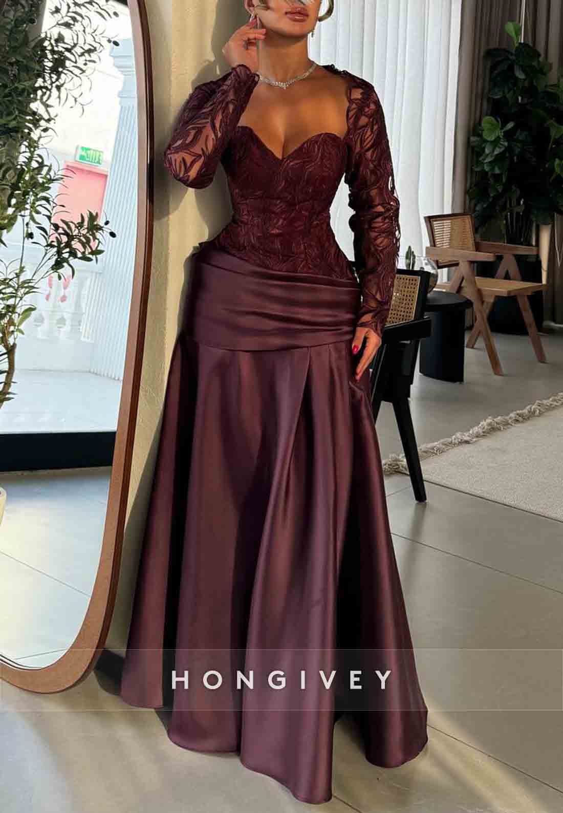 Sweetheart Grape Long Sleeves A-Line Pleated Satin Evening Gowns