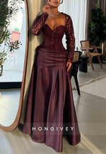 Sweetheart Grape Long Sleeves A-Line Pleated Satin Evening Gowns