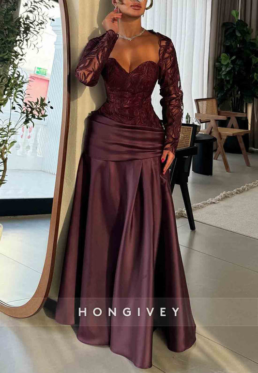 Sweetheart Grape Long Sleeves A-Line Pleated Satin Evening Gowns