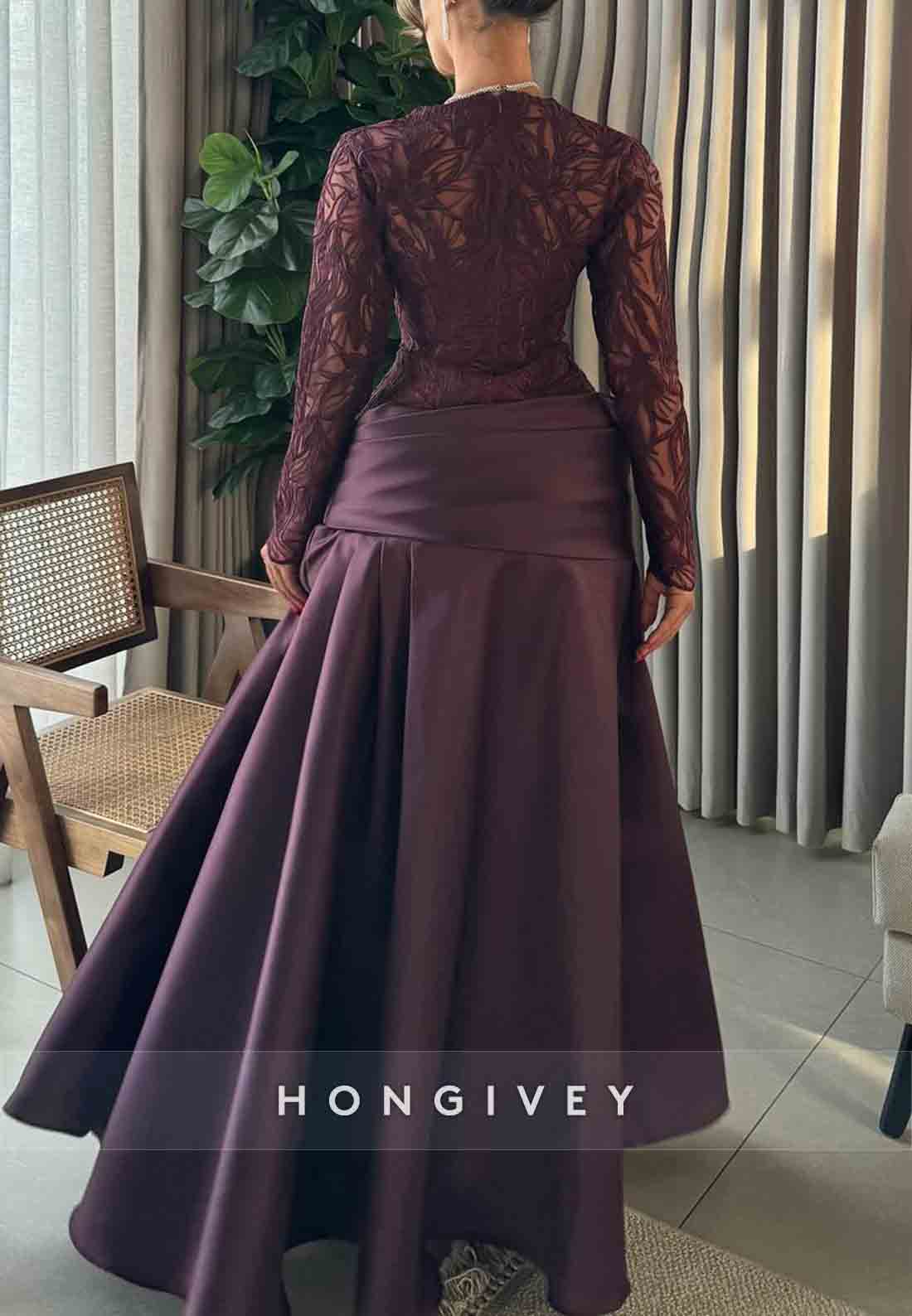 Sweetheart Grape Long Sleeves A-Line Pleated Satin Evening Gowns
