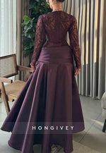 Sweetheart Grape Long Sleeves A-Line Pleated Satin Evening Gowns