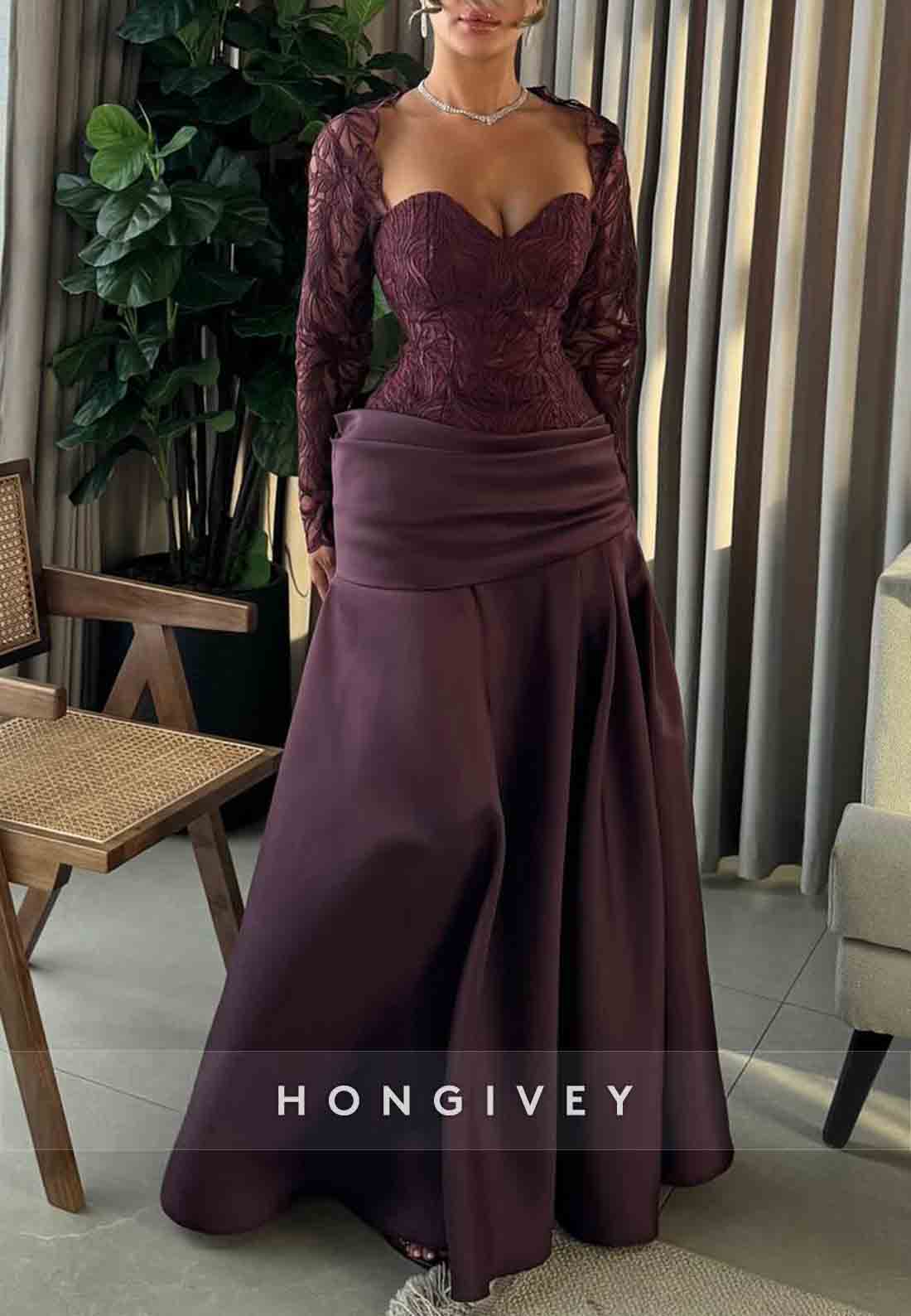 Sweetheart Grape Long Sleeves A-Line Pleated Satin Evening Gowns