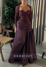 Sweetheart Grape Long Sleeves A-Line Pleated Satin Evening Gowns