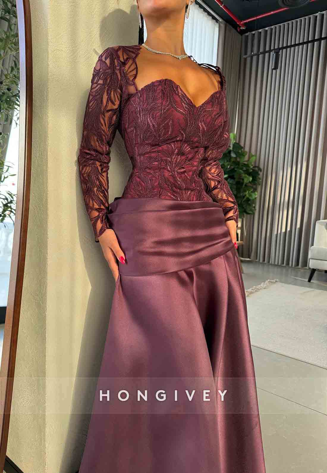 Sweetheart Grape Long Sleeves A-Line Pleated Satin Evening Gowns