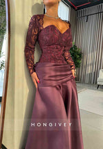 Sweetheart Grape Long Sleeves A-Line Pleated Satin Evening Gowns