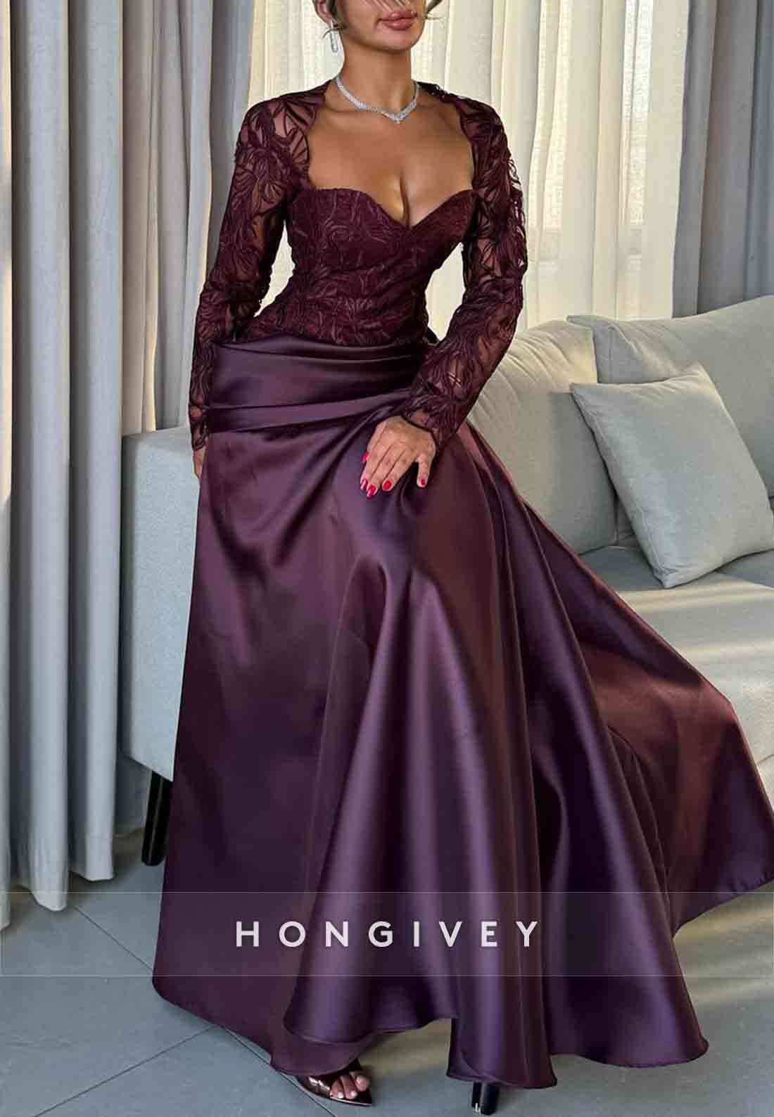 Sweetheart Grape Long Sleeves A-Line Pleated Satin Evening Gowns