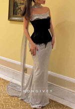Silver Glitter Strapless Floor-Length Sheath Evening Gowns with Black Corset