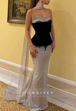 Silver Glitter Strapless Floor-Length Sheath Evening Gowns with Black Corset