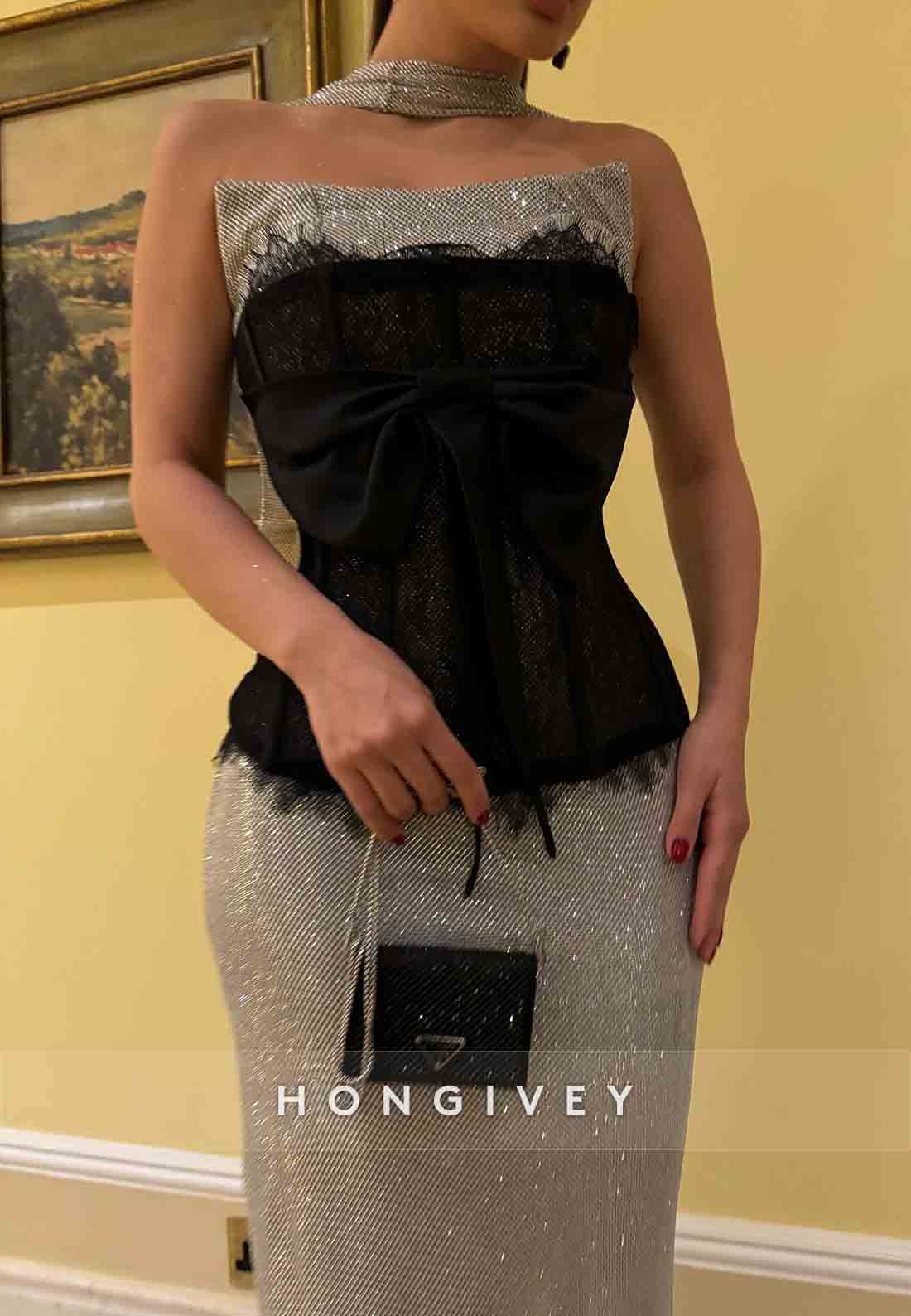 Silver Glitter Strapless Floor-Length Sheath Evening Gowns with Black Corset