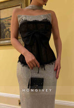 Silver Glitter Strapless Floor-Length Sheath Evening Gowns with Black Corset