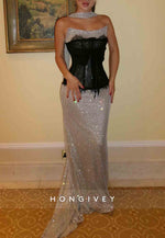 Silver Glitter Strapless Floor-Length Sheath Evening Gowns with Black Corset