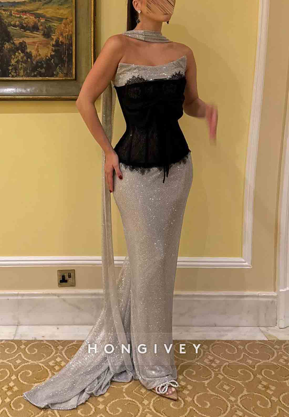 Silver Glitter Strapless Floor-Length Sheath Evening Gowns with Black Corset