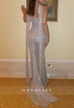 Silver Glitter Strapless Floor-Length Sheath Evening Gowns with Black Corset