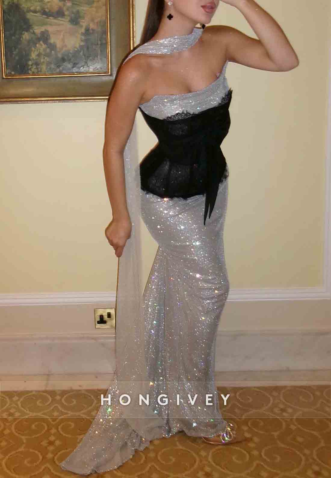 Silver Glitter Strapless Floor-Length Sheath Evening Gowns with Black Corset