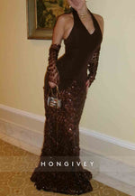 Halter Low V-Neck Chocolate Column Elegant Evening Gowns