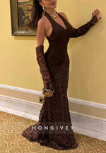 Halter Low V-Neck Chocolate Column Elegant Evening Gowns
