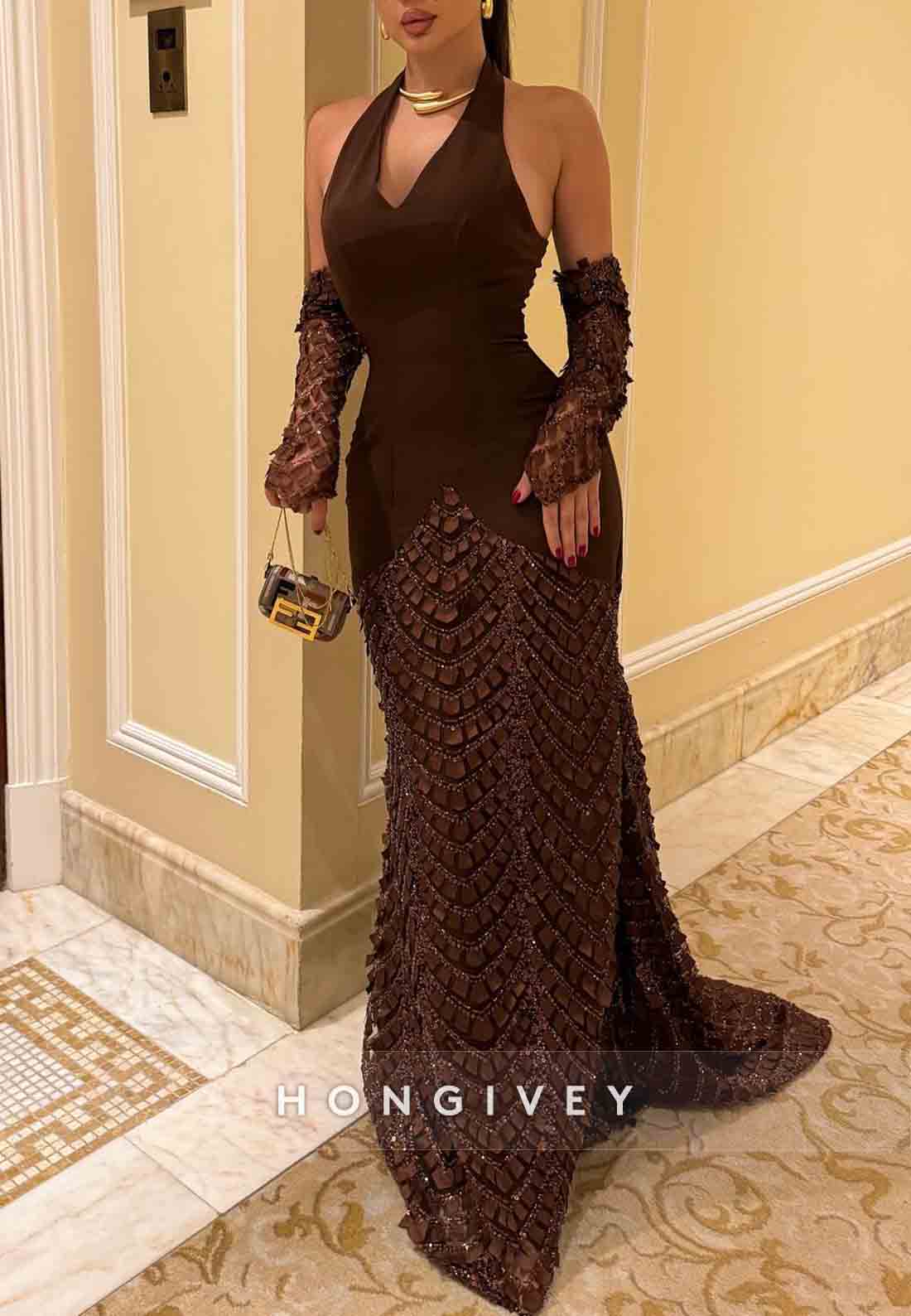 Halter Low V-Neck Chocolate Column Elegant Evening Gowns