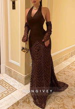 Halter Low V-Neck Chocolate Column Elegant Evening Gowns