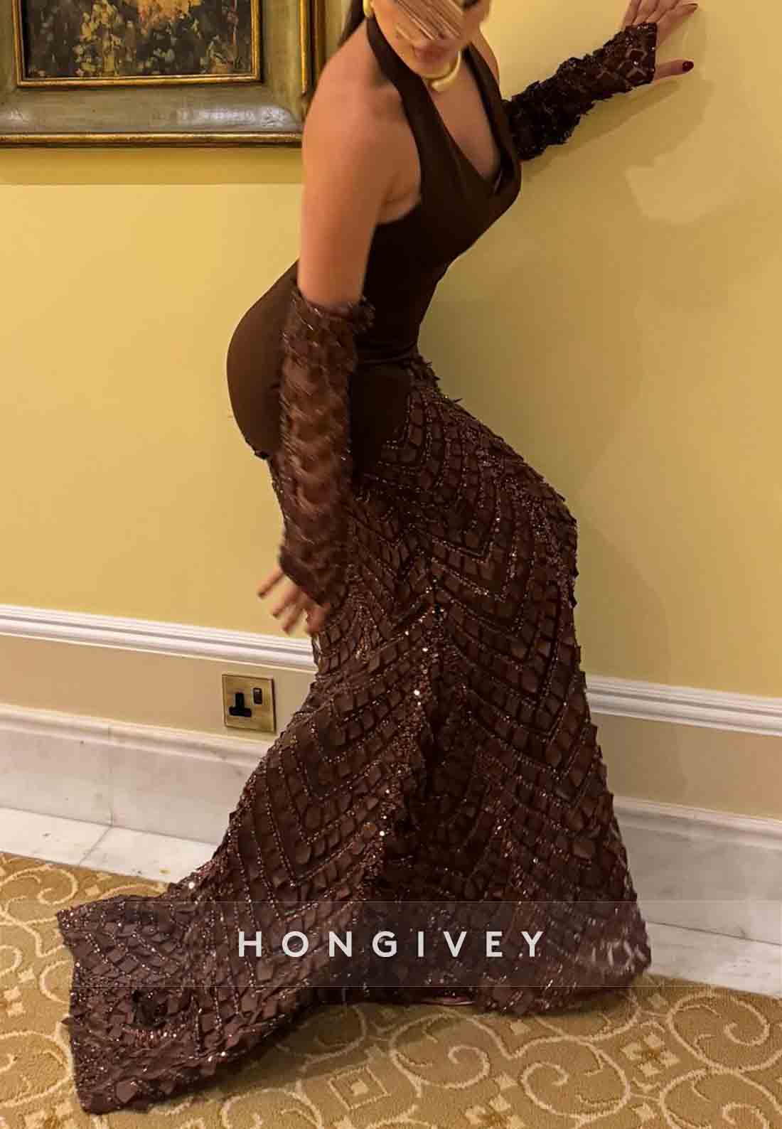 Halter Low V-Neck Chocolate Column Elegant Evening Gowns