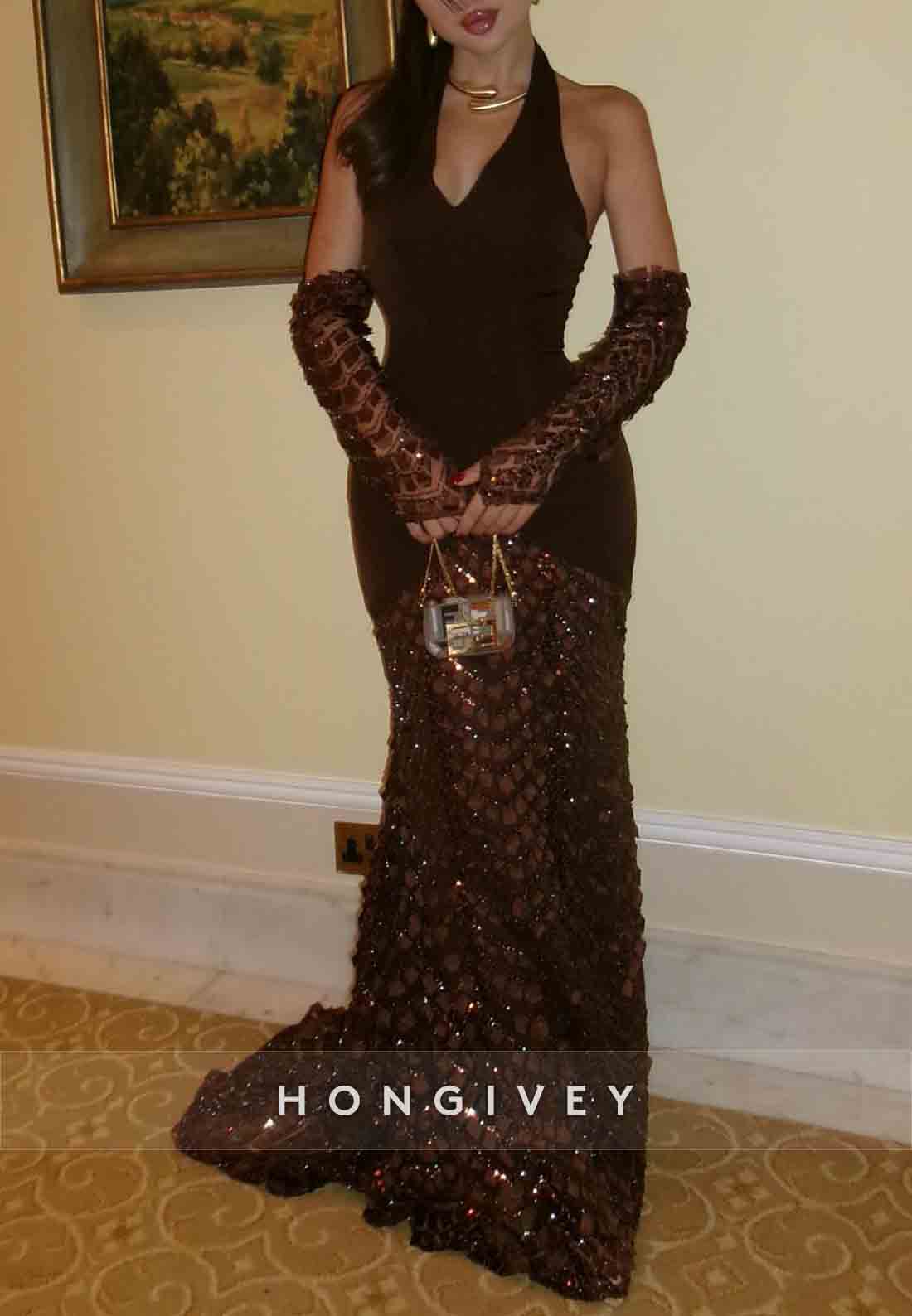 Halter Low V-Neck Chocolate Column Elegant Evening Gowns