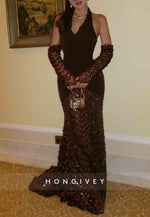 Halter Low V-Neck Chocolate Column Elegant Evening Gowns