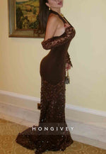 Halter Low V-Neck Chocolate Column Elegant Evening Gowns