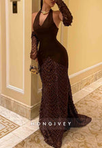Halter Low V-Neck Chocolate Column Elegant Evening Gowns