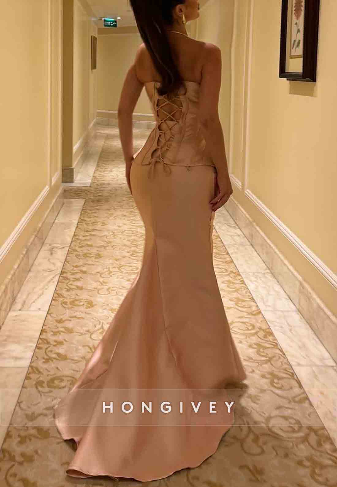 Sweetheart Strapless Split Trumpet Satin Tie Back Evening Gowns