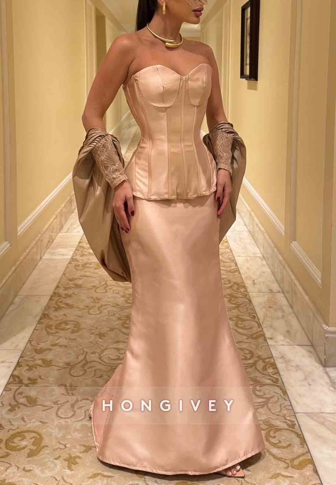 Sweetheart Strapless Split Trumpet Satin Tie Back Evening Gowns