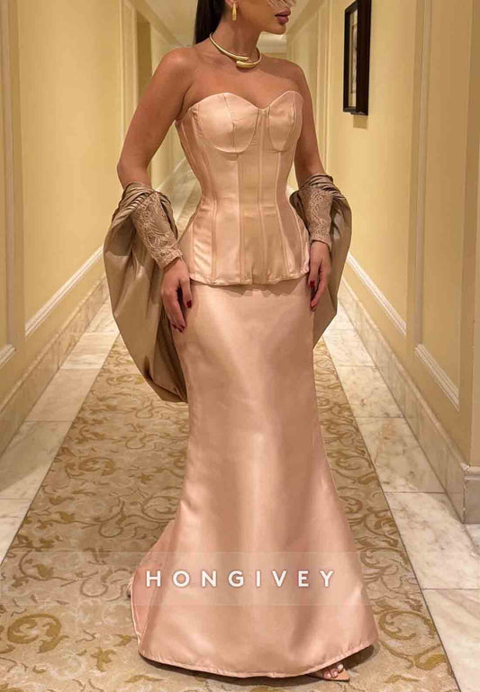 Sweetheart Strapless Split Trumpet Satin Tie Back Evening Gowns