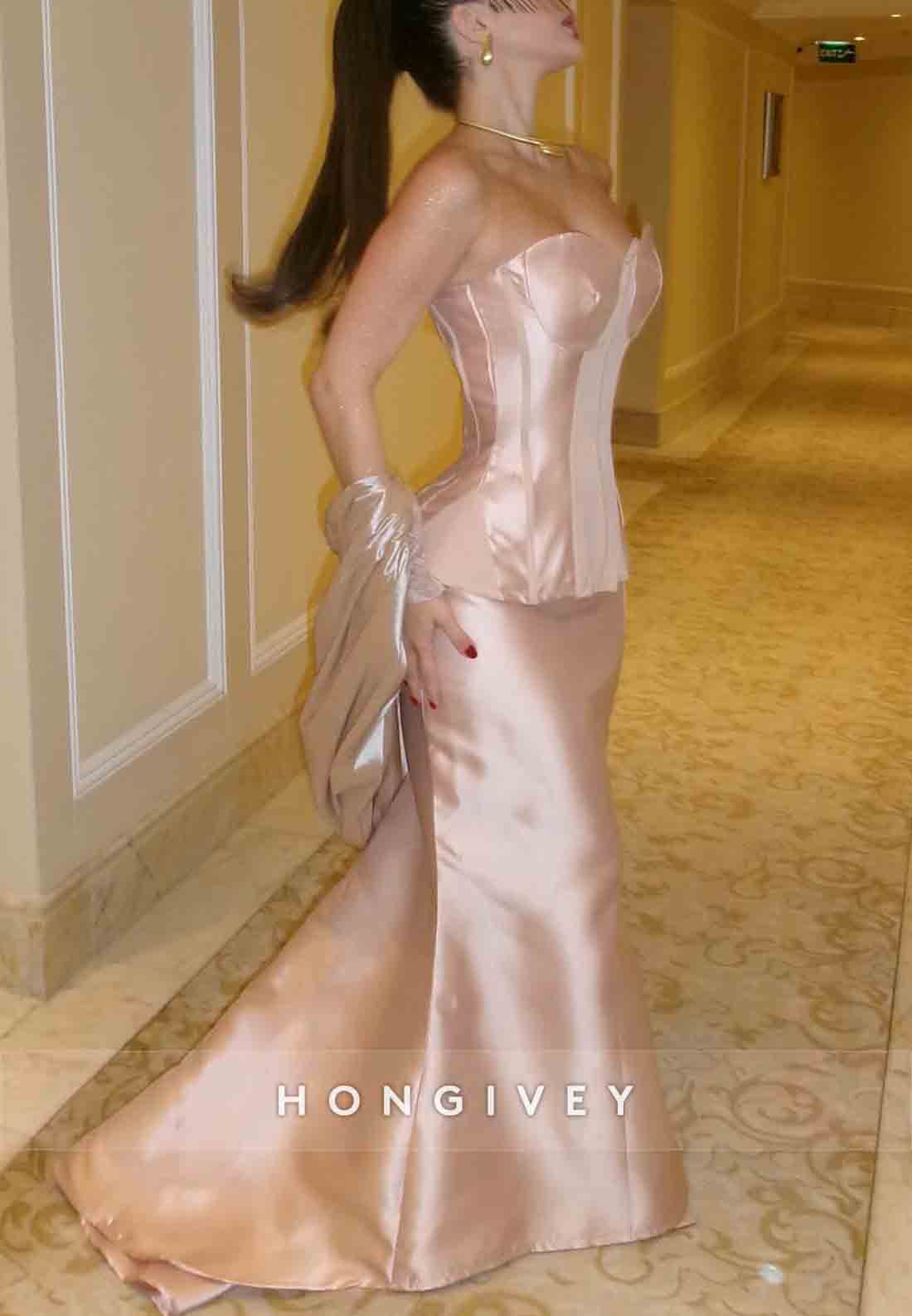 Sweetheart Strapless Split Trumpet Satin Tie Back Evening Gowns