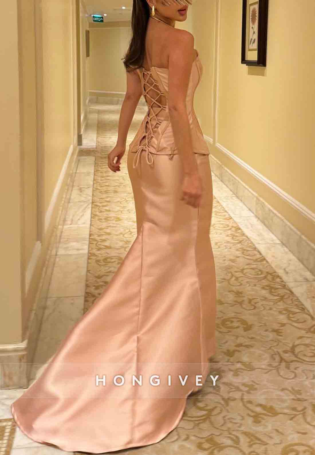 Sweetheart Strapless Split Trumpet Satin Tie Back Evening Gowns