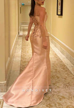 Sweetheart Strapless Split Trumpet Satin Tie Back Evening Gowns