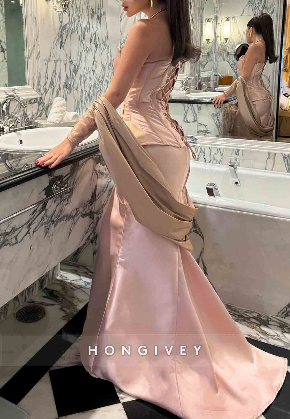 Sweetheart Strapless Split Trumpet Satin Tie Back Evening Gowns