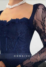 Lace Long Sleeves Navy Blue Square Neck Sheath Evening Gown with Slit