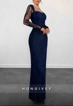 Lace Long Sleeves Navy Blue Square Neck Sheath Evening Gown with Slit