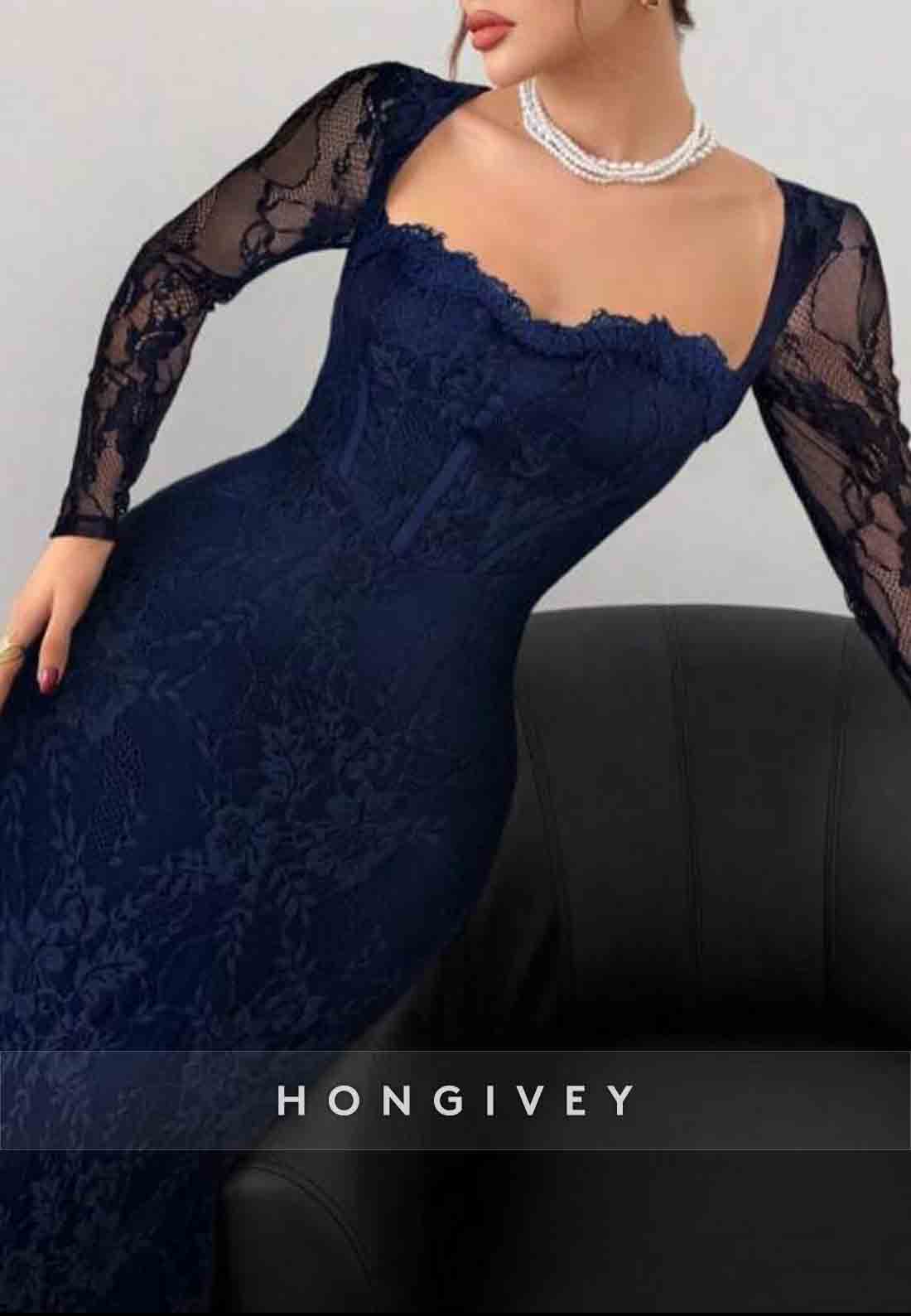 Lace Long Sleeves Navy Blue Square Neck Sheath Evening Gown with Slit
