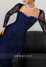 Lace Long Sleeves Navy Blue Square Neck Sheath Evening Gown with Slit