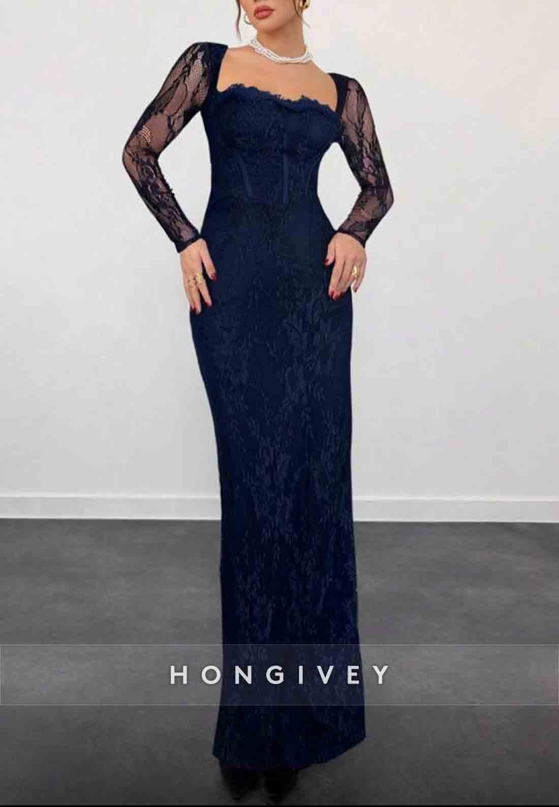 Lace Long Sleeves Navy Blue Square Neck Sheath Evening Gown with Slit