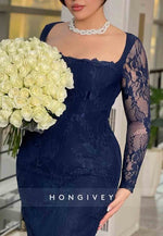 Lace Long Sleeves Navy Blue Square Neck Sheath Evening Gown with Slit