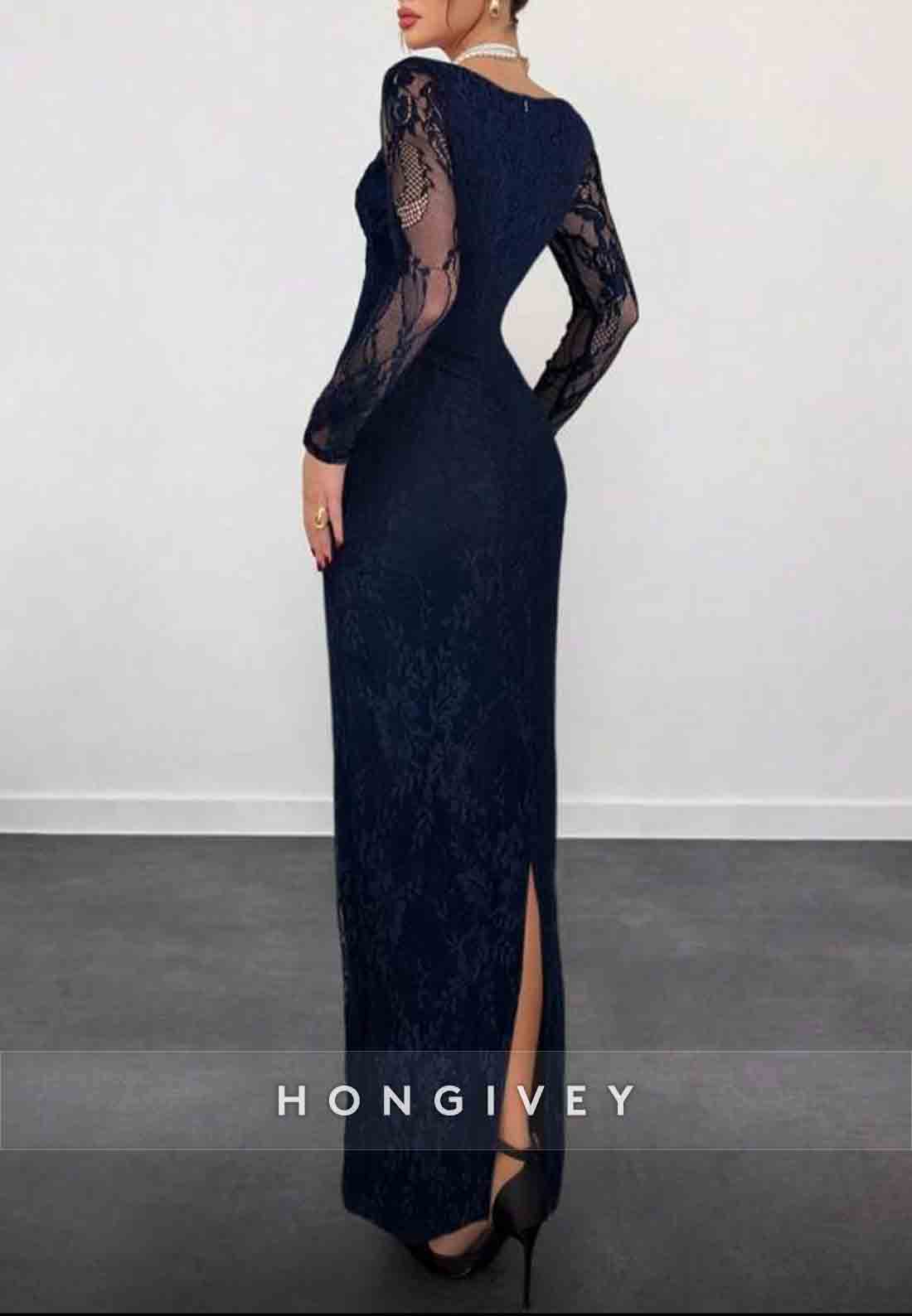 Lace Long Sleeves Navy Blue Square Neck Sheath Evening Gown with Slit