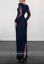 Lace Long Sleeves Navy Blue Square Neck Sheath Evening Gown with Slit