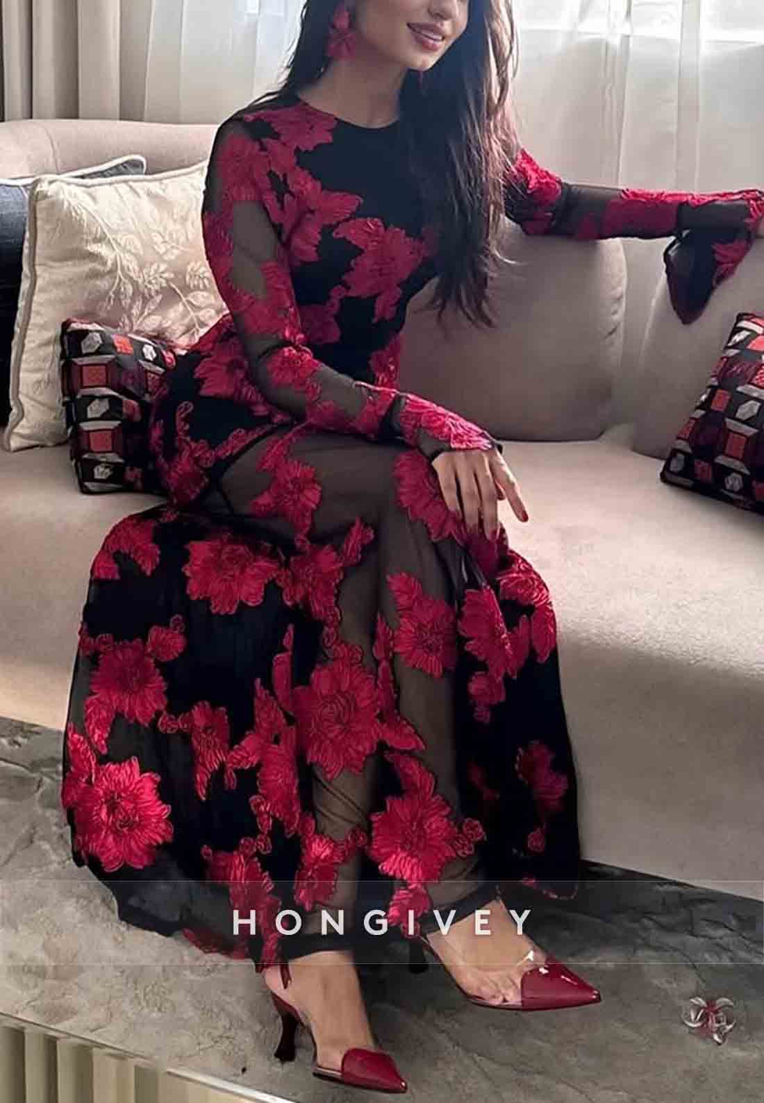 Backless A-Line Floor-Length Bell Sleeves Evening Gown with Red Flowers