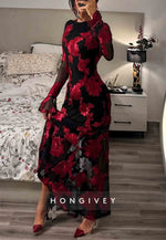 Backless A-Line Floor-Length Bell Sleeves Evening Gown with Red Flowers