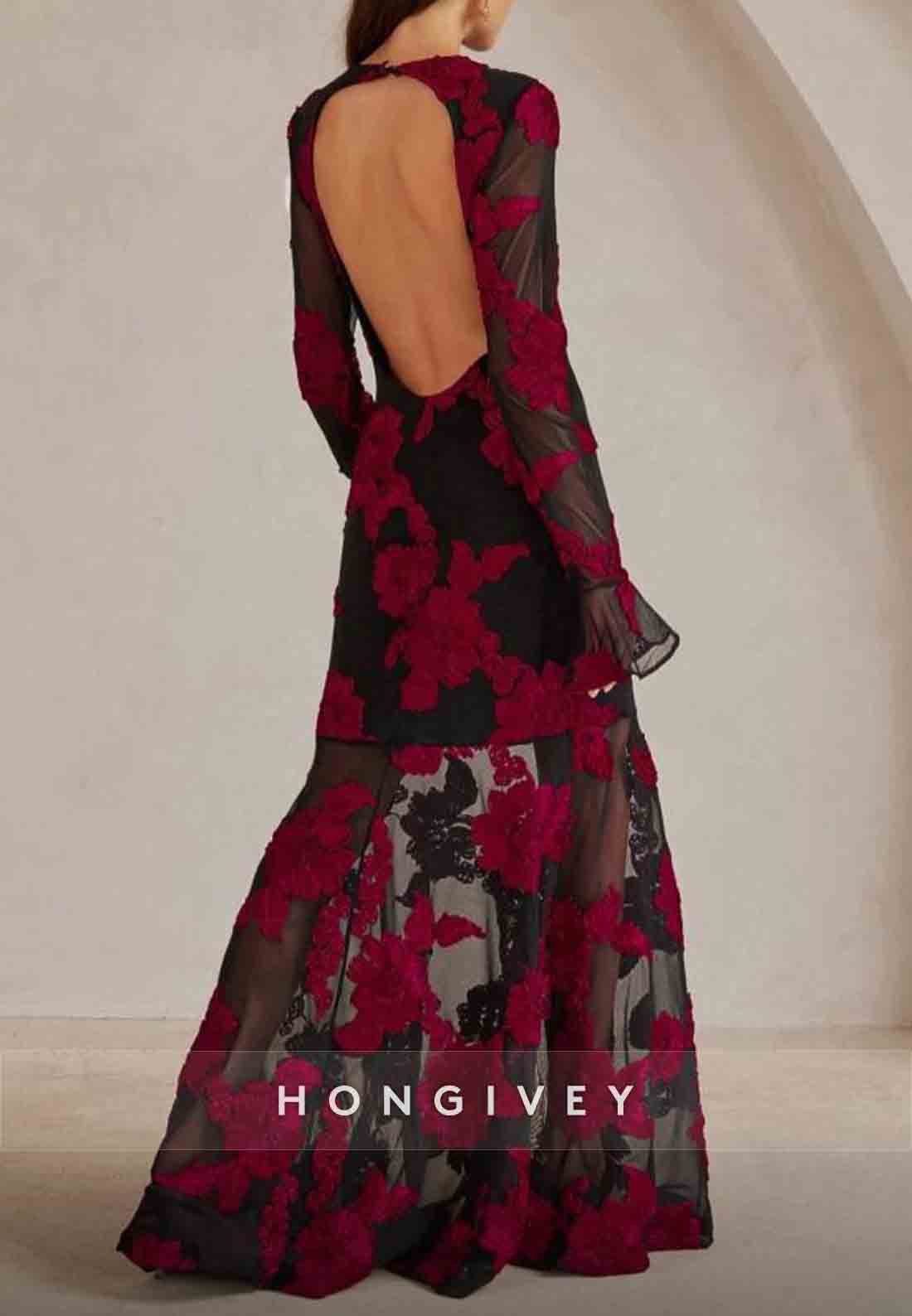 Backless A-Line Floor-Length Bell Sleeves Evening Gown with Red Flowers