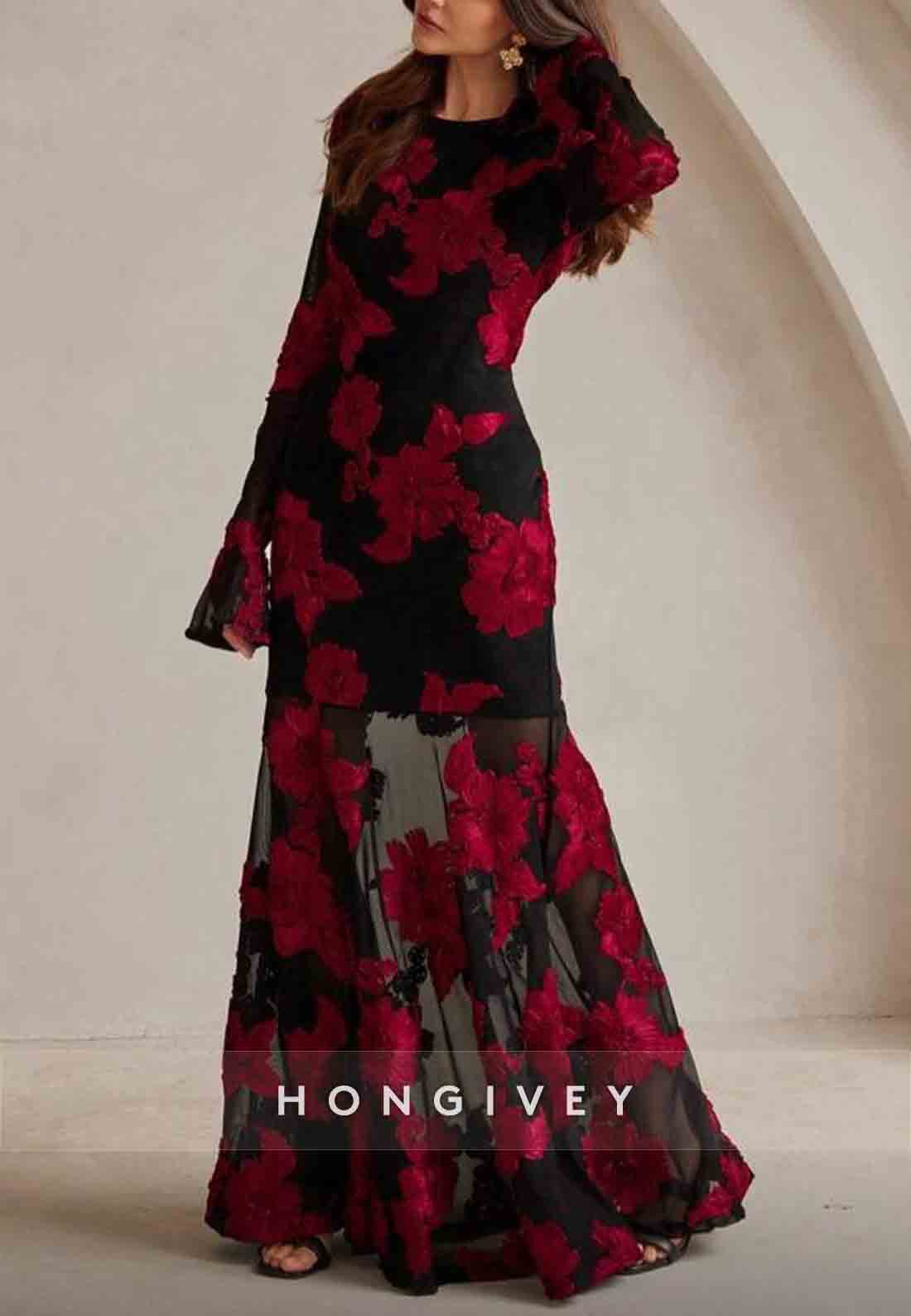 Backless A-Line Floor-Length Bell Sleeves Evening Gown with Red Flowers