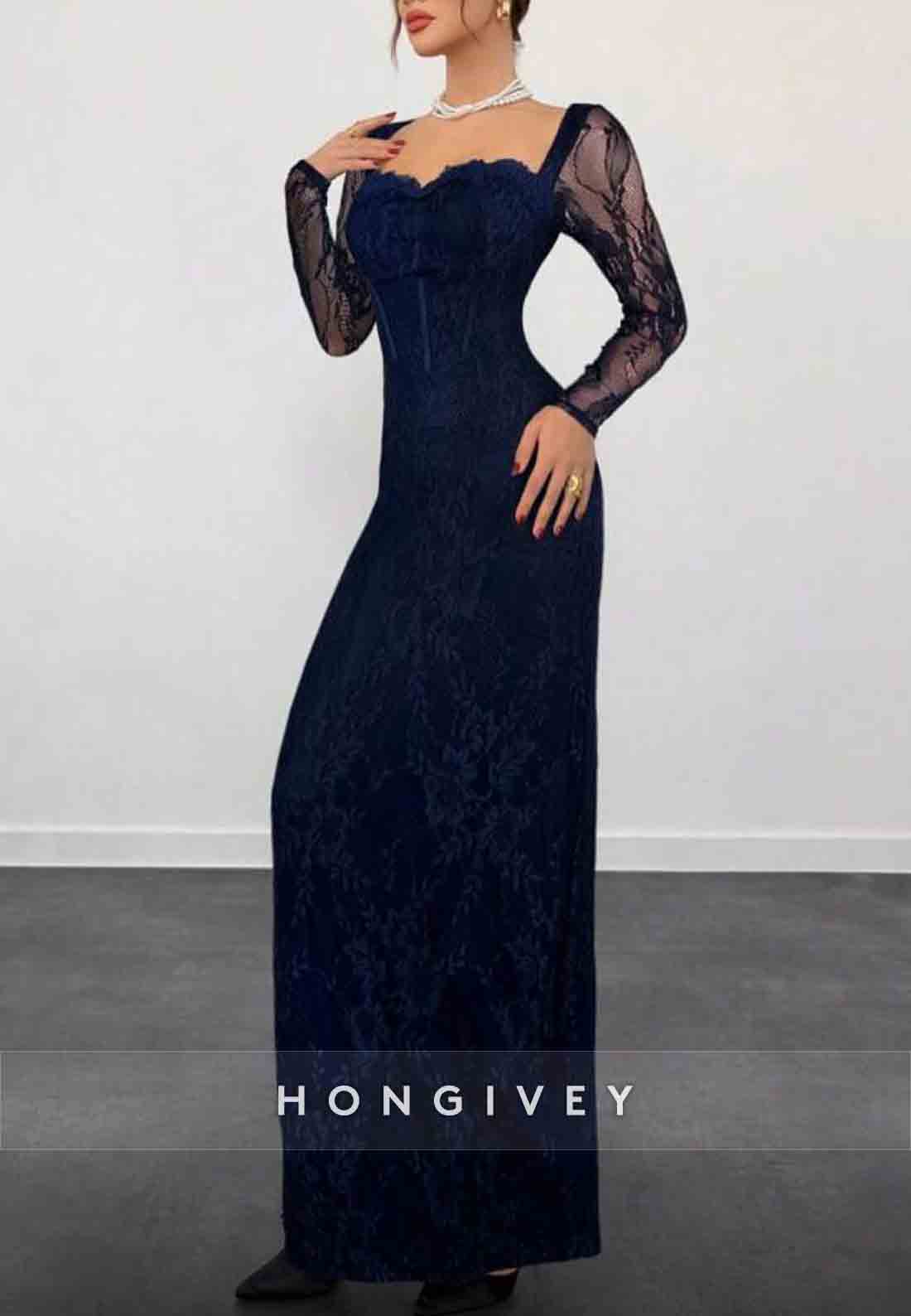 Lace Long Sleeves Navy Blue Square Neck Sheath Evening Gown with Slit