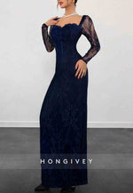 Lace Long Sleeves Navy Blue Square Neck Sheath Evening Gown with Slit