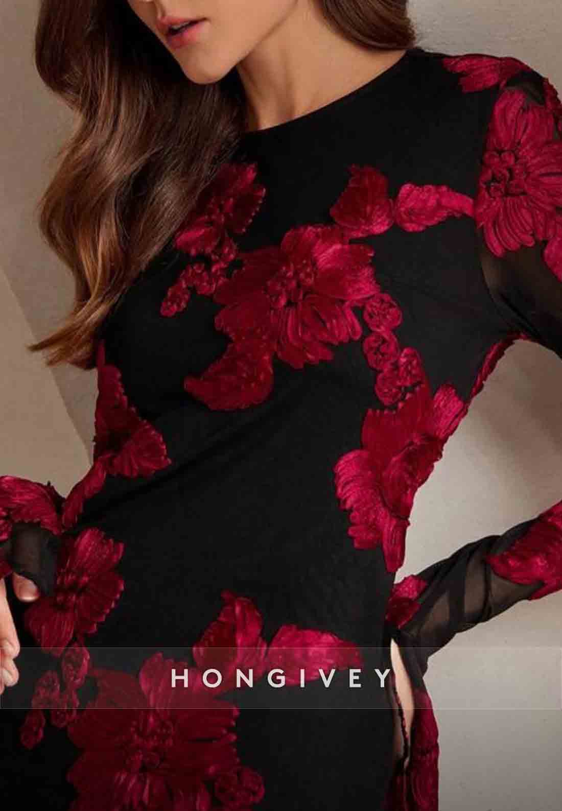 Backless A-Line Floor-Length Bell Sleeves Evening Gown with Red Flowers